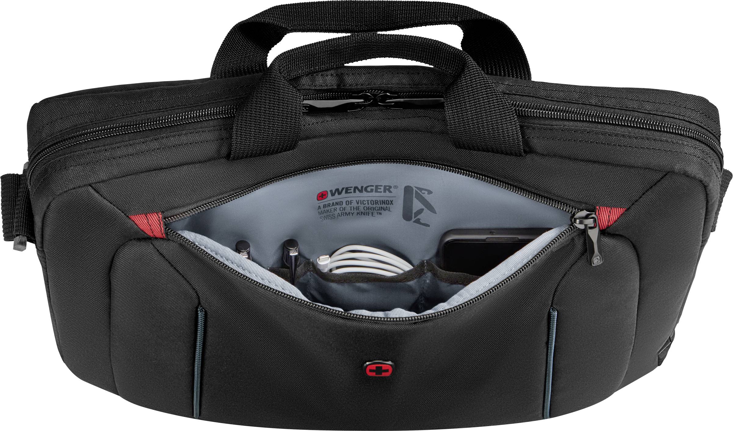 Black laptop bag with an open front pocket, showing neatly arranged cables, pens, and a smartphone inside.