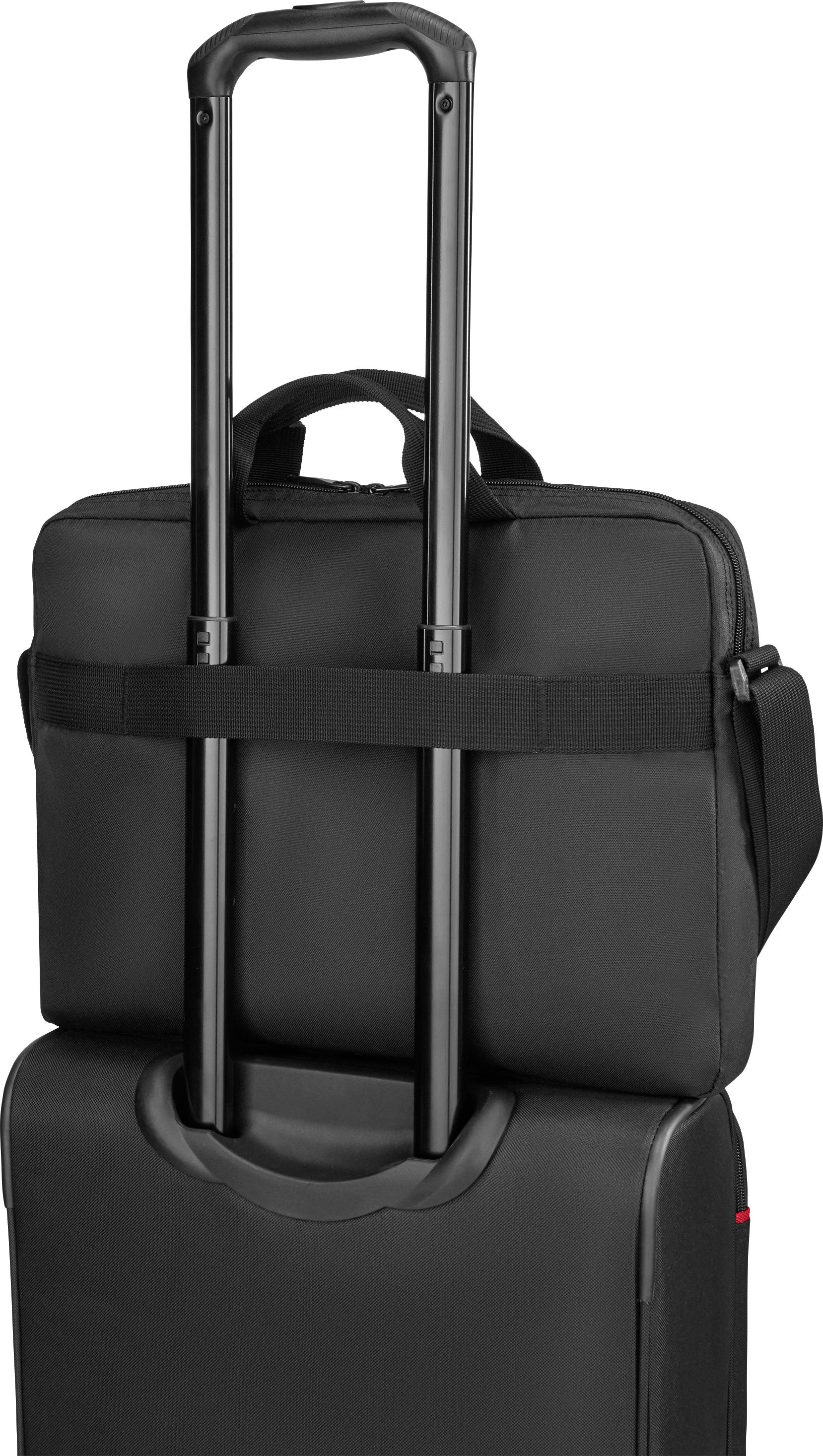 Black suitcase with telescopic handle, with a black laptop bag attached. Perfect for travelling and easy transportation.