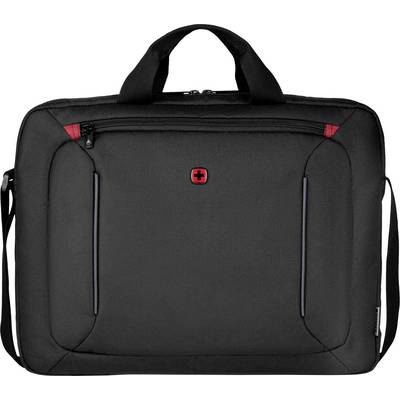 Black laptop bag with carry handle and shoulder strap, central red logo and two front zip pockets.