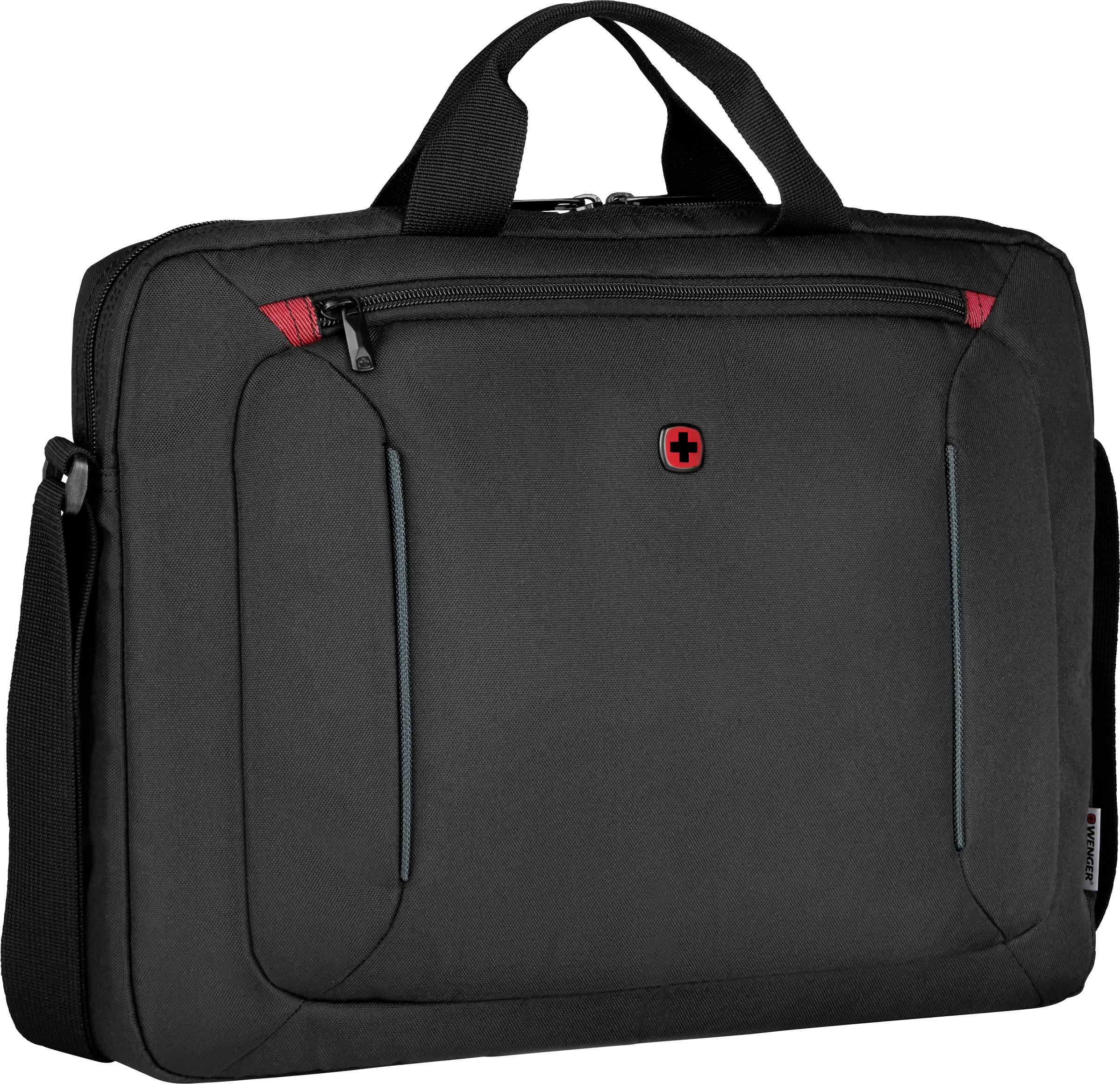 Black fabric laptop bag with two handles, front zip pocket, red and black logo. Suitable for business or everyday use.