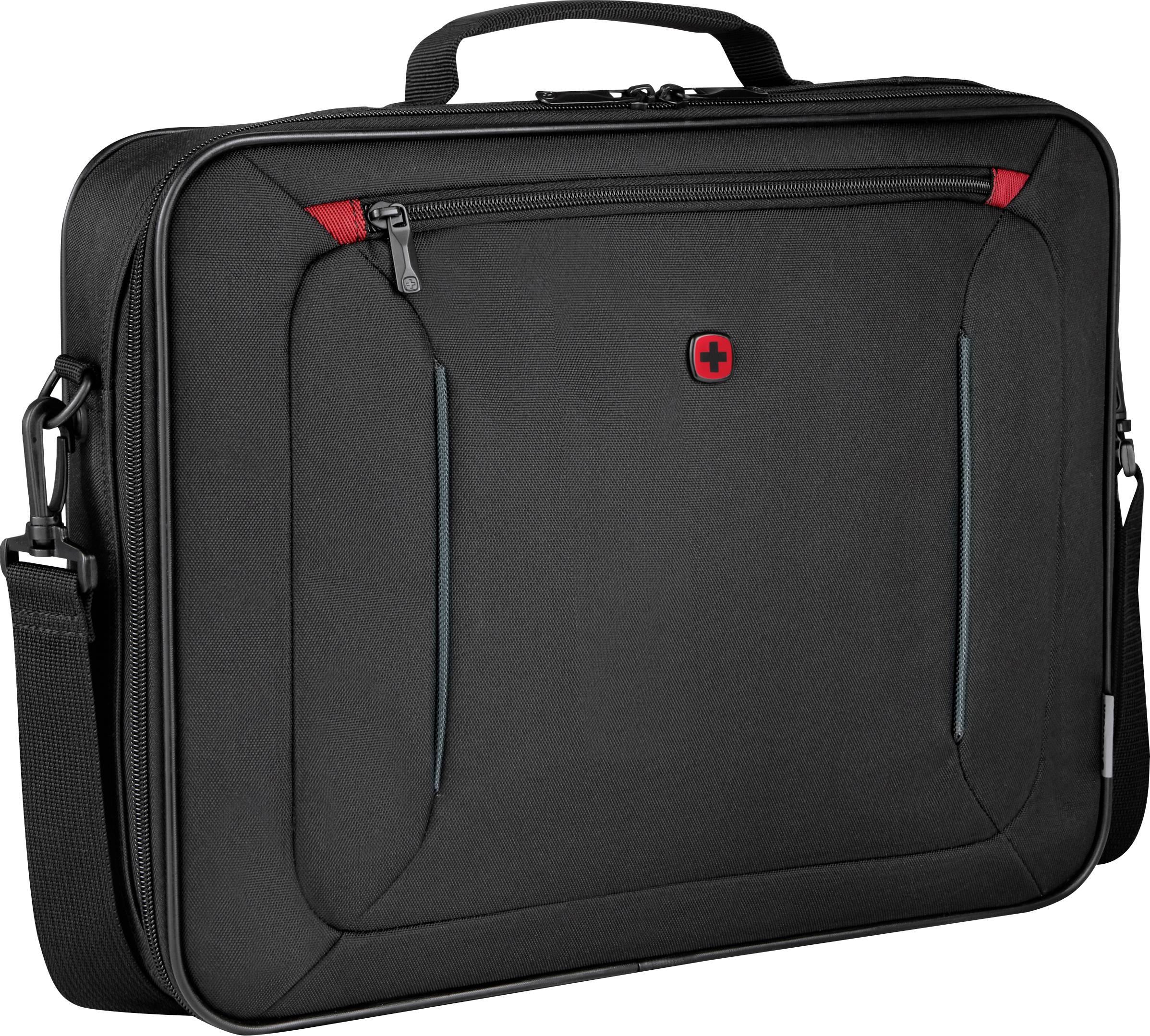 Black laptop bag with red logo, front zip and shoulder strap.