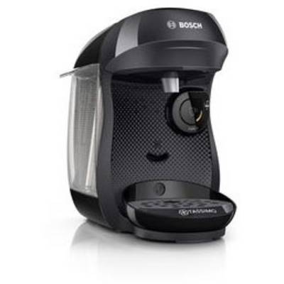 A black Bosch coffee machine with a water reservoir. It has a simple design and is suitable for home use.