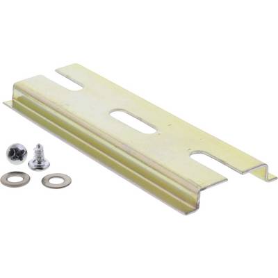 Metal bracket with two screws and washers beside it. Suitable for mounting purposes, for example in construction.