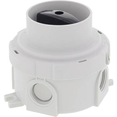 A round, white plastic switch with a black handle. It has several side openings for cable entries.