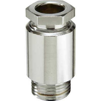 A chrome-plated, cylindrical metal adapter with a hexagonal nut at one end and threading at the other.