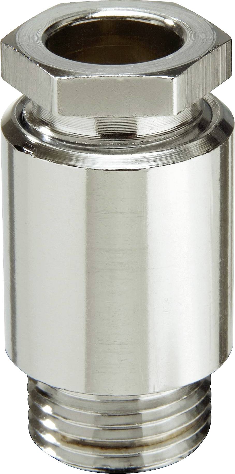 Metallic valve with hexagonal head and thread.