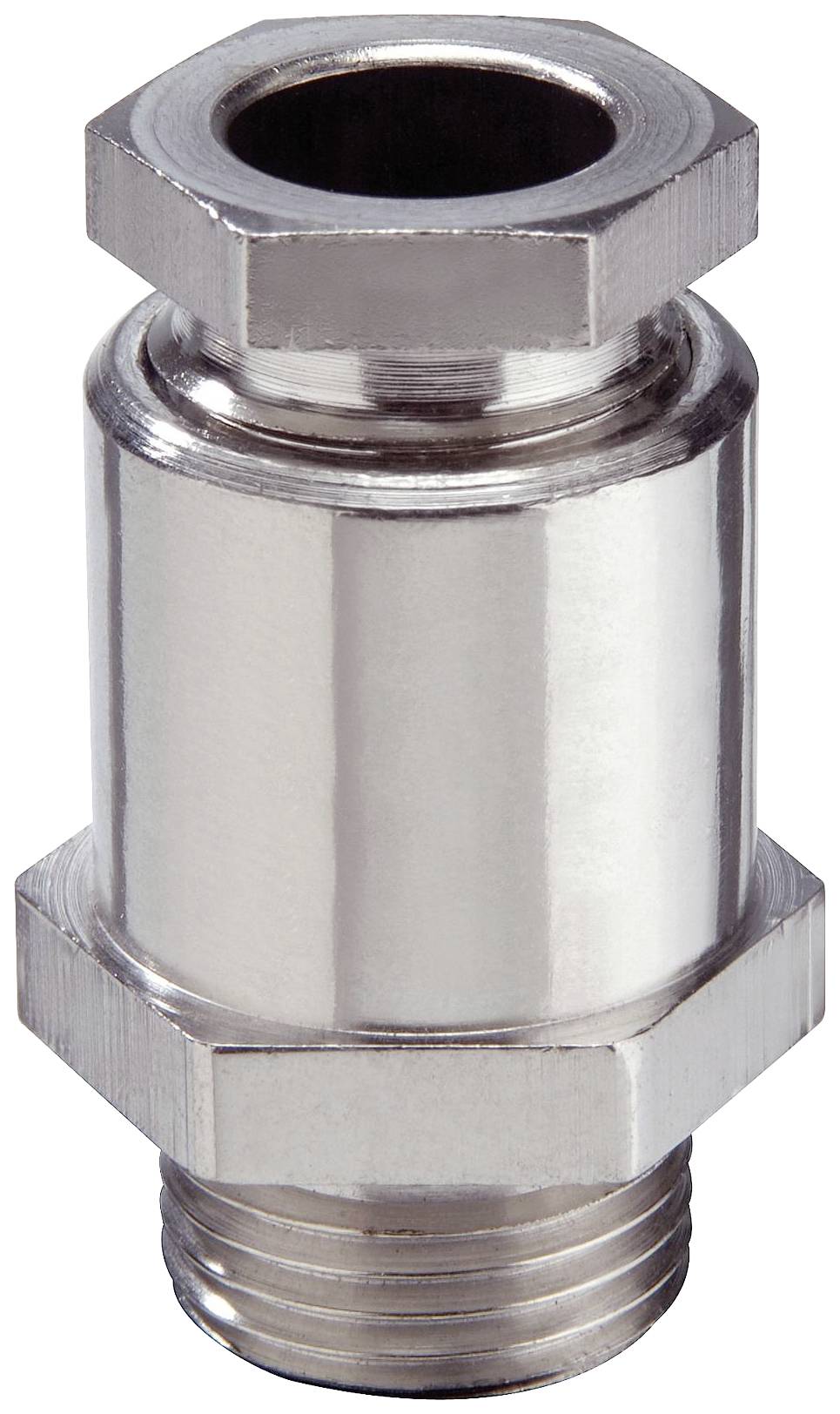 A metallic, cylindrical valve with threaded connections, presumably for regulating liquid or gas flows, isolated.