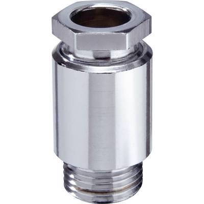 A chrome-plated, cylindrical metal adapter with threading.