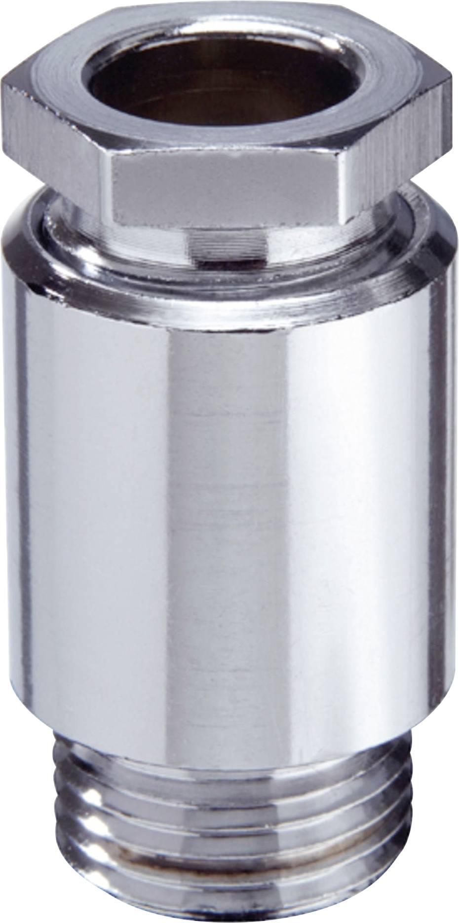 A shiny, chrome-plated metal part with a hexagonal head and cylindrical body.