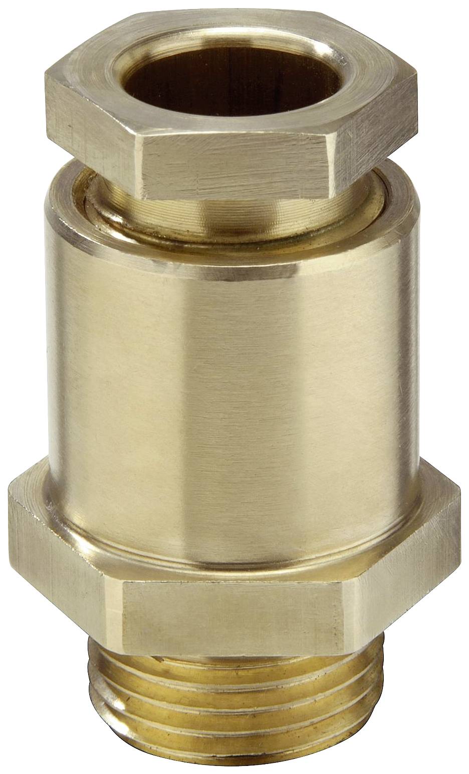 Brass non-return valve with hexagonal ends, which permits flow in one direction, commonly used in plumbing systems.