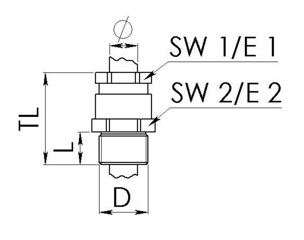 Technical drawing of a cylindrical part with diameter D and lengths TL, L. Labelled with 'SW 1/E 1' and 'SW 2/E 2'.
