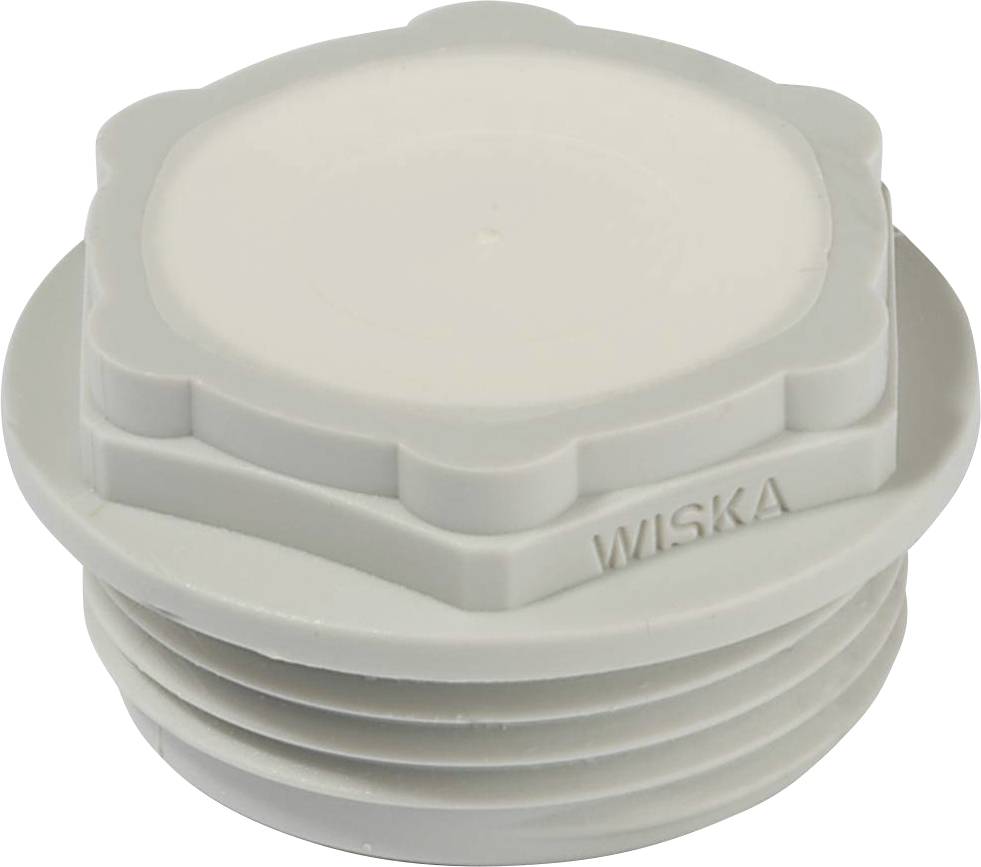 Grey plastic screw cap with 'WISKA' inscription, cylindrical, with ribbed thread and hexagonal grip profile.