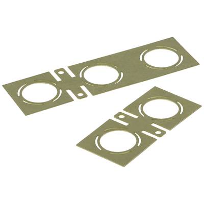 Two golden metal plates with circular cutouts. The upper plate is larger than the lower one.