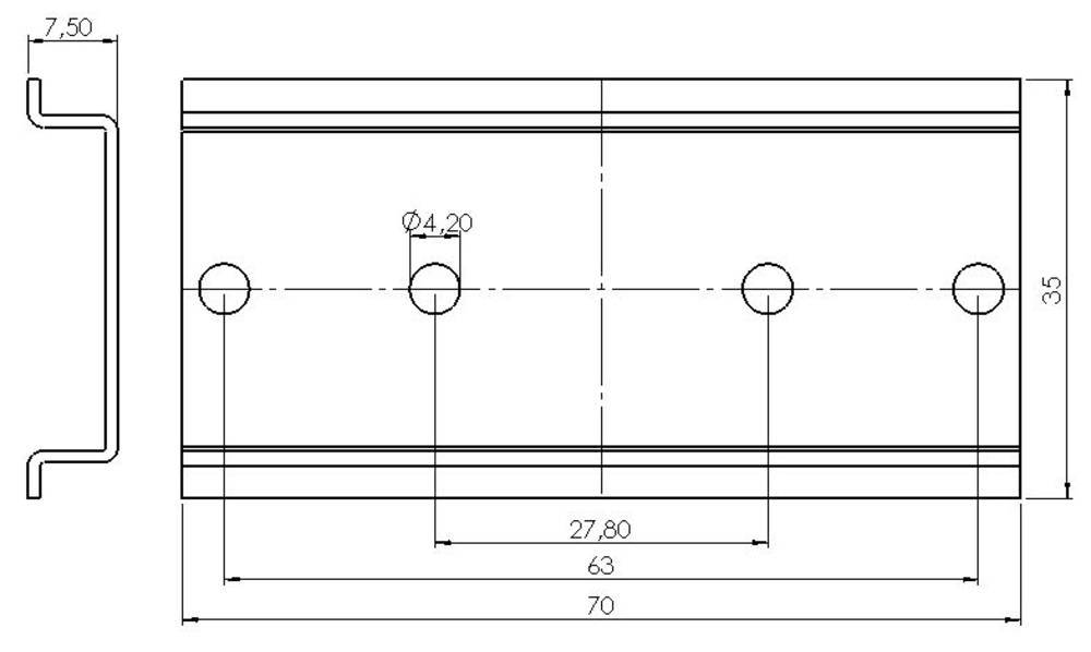 Technical drawing of a rectangular metal part with three holes. Dimensions: 70x35 mm, holes with 4.20 mm diameter, distances marked.