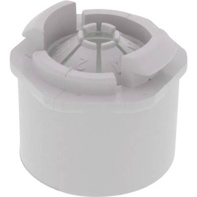 A grey, cylindrical plastic cap with a complex internal mechanism, open at the top.