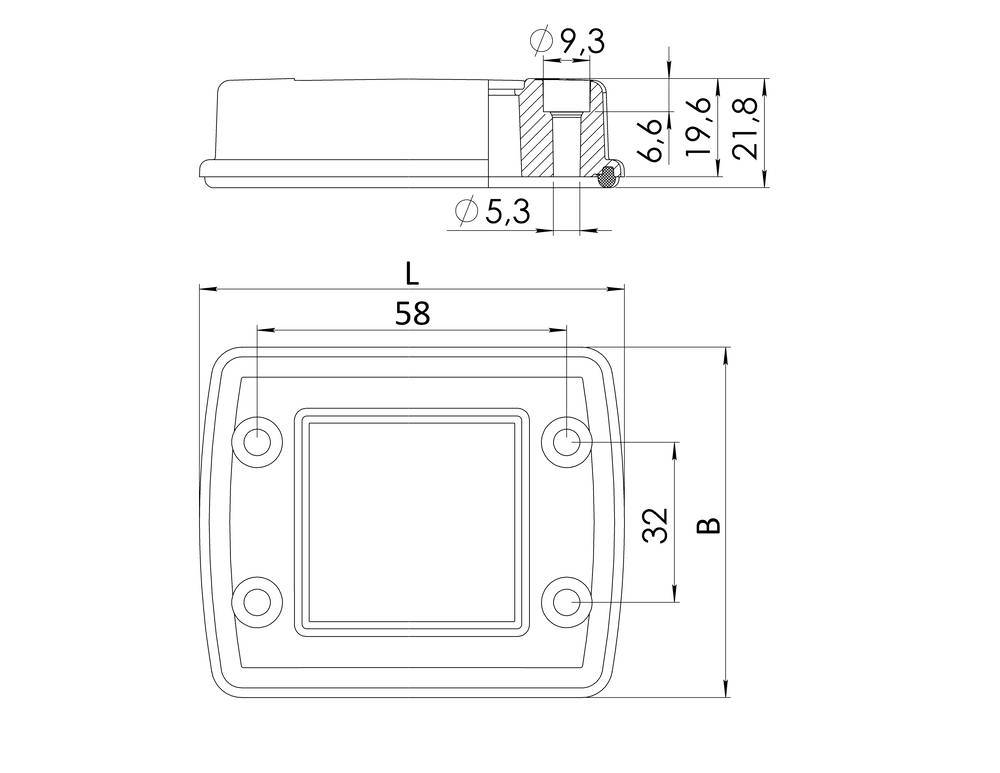 Technical drawing of a rectangular component with dimensions: Length 58 mm, Width 'B', Height 21.8 mm, mounting points marked.