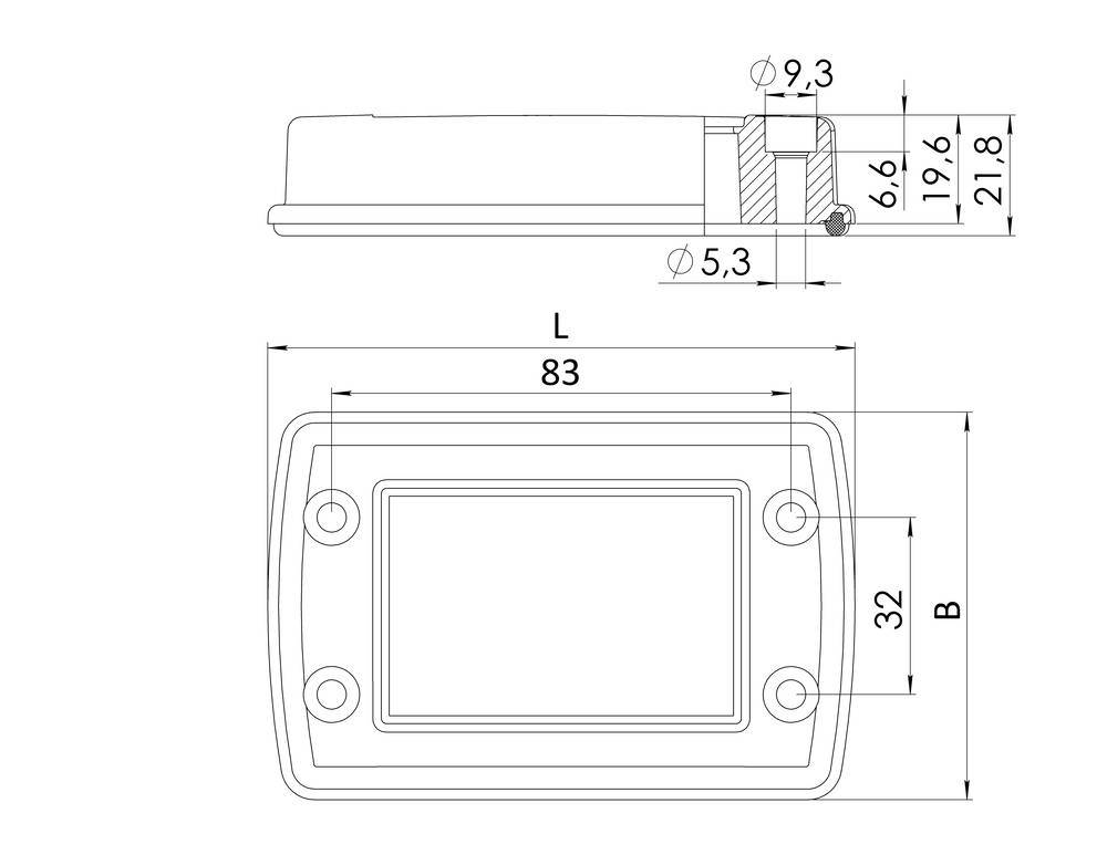 Technical drawing of a rectangular enclosure with dimensions: Length 83 mm, Width 32 mm, Height 21.8 mm. Side and top views shown.