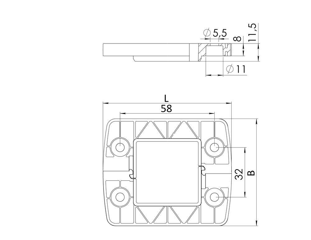 Technical drawing of a component with dimensions: Length 58 mm, Width 32 mm, Thickness 11.5 mm. Side view and front view illustrated.