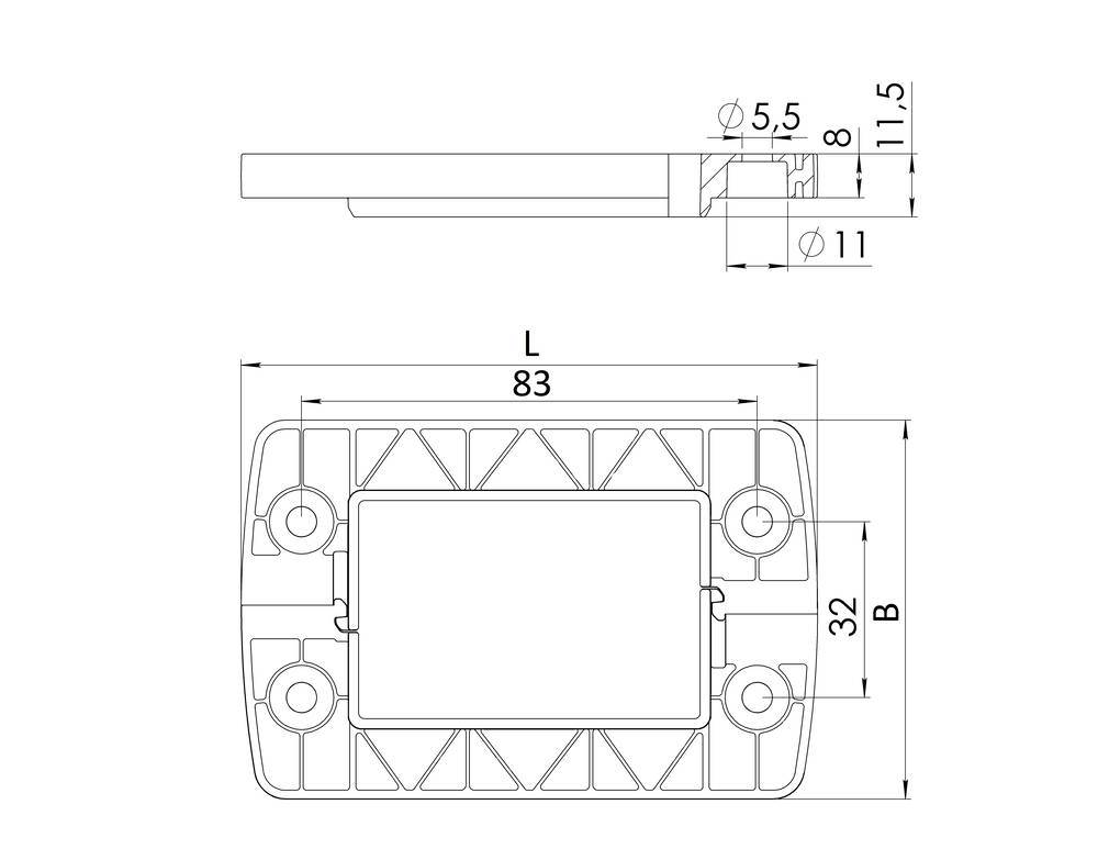 Technical drawing of a rectangular, flat component with dimensions: length 83 mm, width 32 mm. Side view shows seal and height of 11.5 mm.