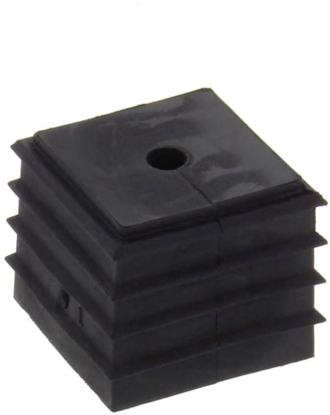 A square, black plastic stopper with a ribbed surface and a central hole, likely suitable for furniture legs.
