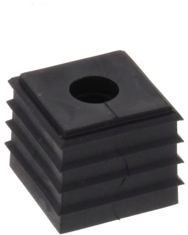 Black, square plastic plug with a central hole, used for sealing and stabilising square tube openings.