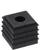 Black, square plastic plug with a central hole, used for sealing and stabilising square tube openings.