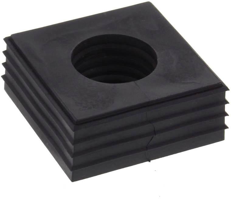Black square rubber grommet with a round hole in the centre, used for cable routing.
