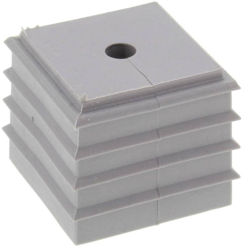 Grey, square plastic plug with concentric grooves and a central hole, likely designed to cover pipes.