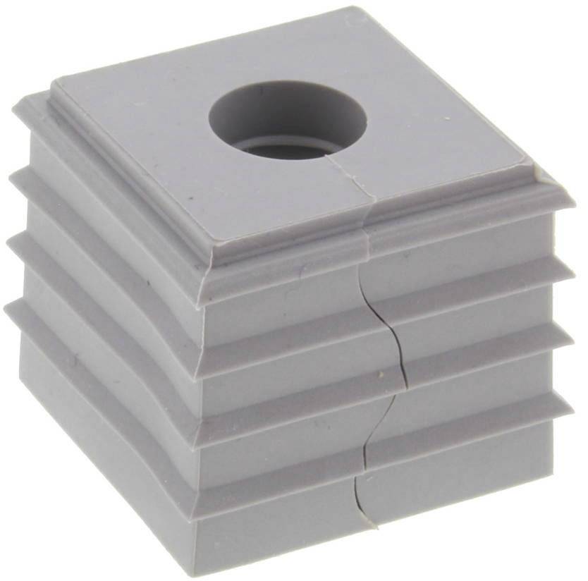 Grey, square plastic component with several horizontal grooves and a central round hole. Used for cable routing.