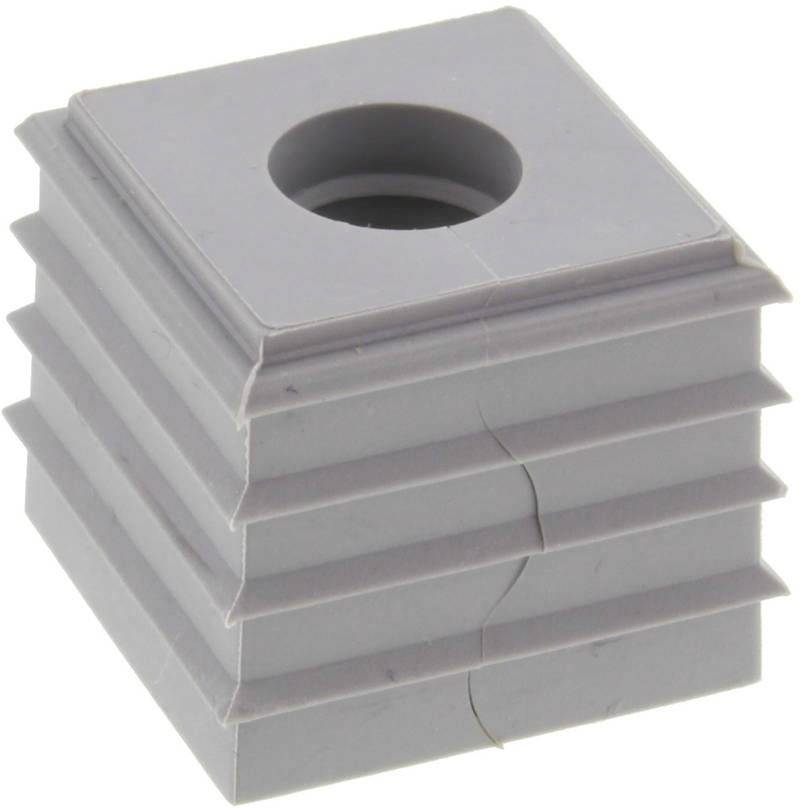 Grey square plastic component with a ribbed surface and a circular hole in the centre. Used as feet for furniture or pipe ends.