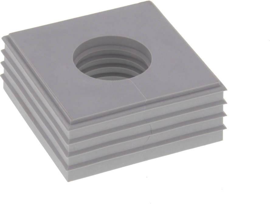 Grey square rubber buffer with a concentric, circular hole in the centre. Designed to dampen shocks.