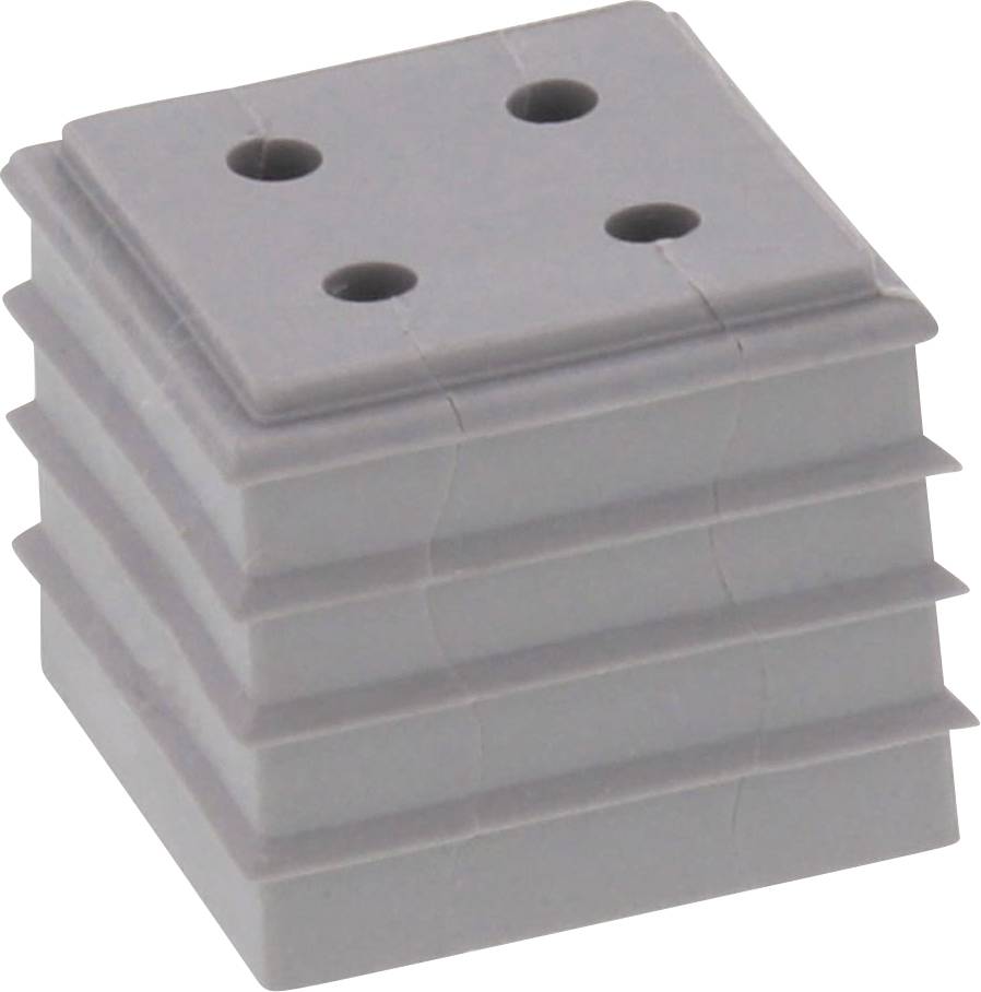 Grey, square rubber buffer with four holes, stacked design for shock absorption or vibration damping.
