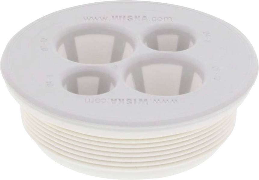 A round, white cable grommet with four openings, featuring the inscription 'www.WISKA.com' at the top and bottom.