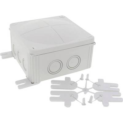 Plastic electronic enclosure with removable cover; alongside plastic cable clips for cable securing.