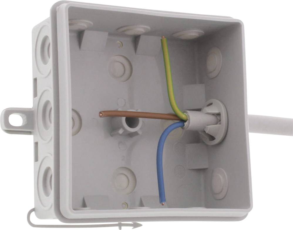 A grey socket outlet with three visible cables in brown, blue, and yellow-green colours, emerging from an opening on the left.