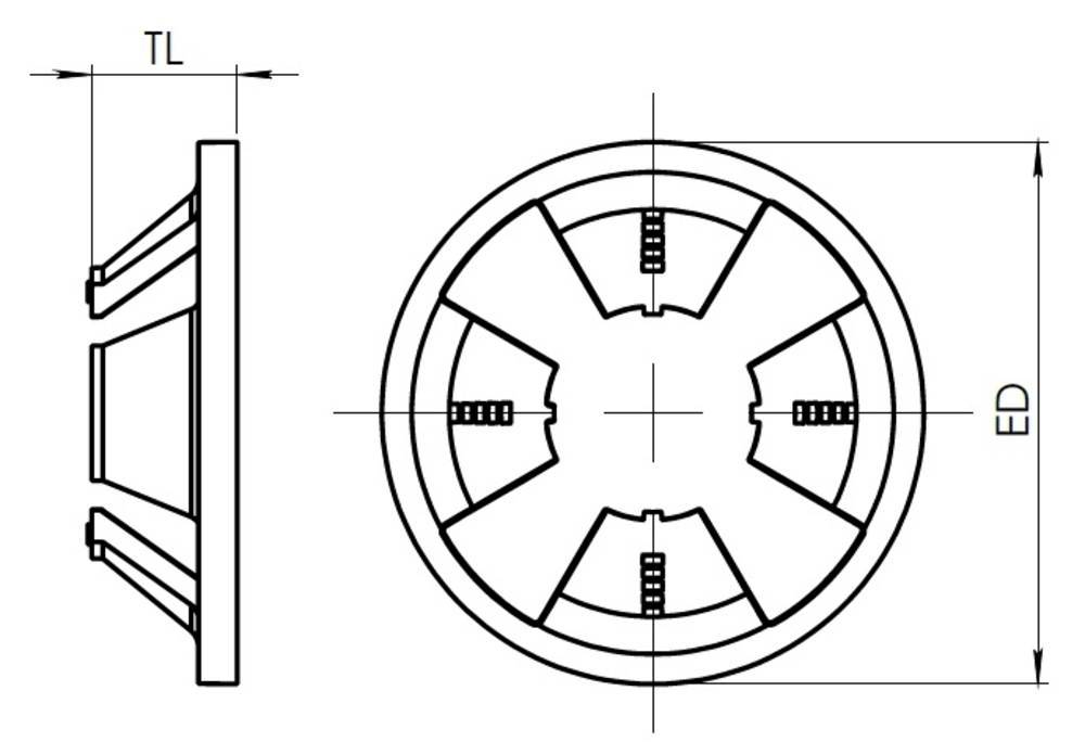 Technical drawing of a circular component with dimensions. Left side view, right top view with internal structure. Markings: 'TL' and 'ED'.