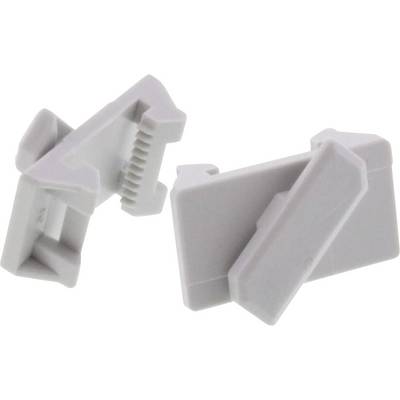 Two grey plastic clips with interlocking teeth, possibly for cable management or holding objects.