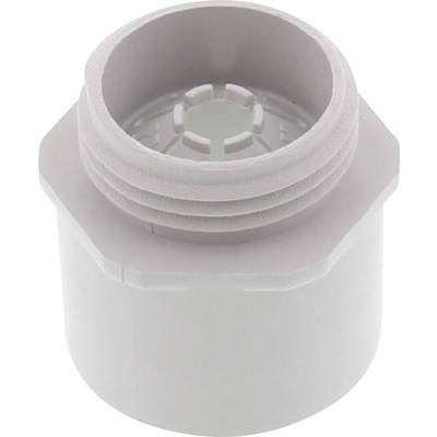 A white plastic adapter with a threaded upper end and a smooth exterior surface.