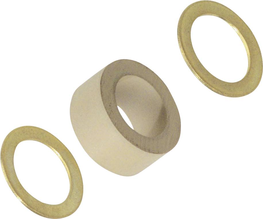 Two metal rings flank a cylindrical white ceramic component in the centre.