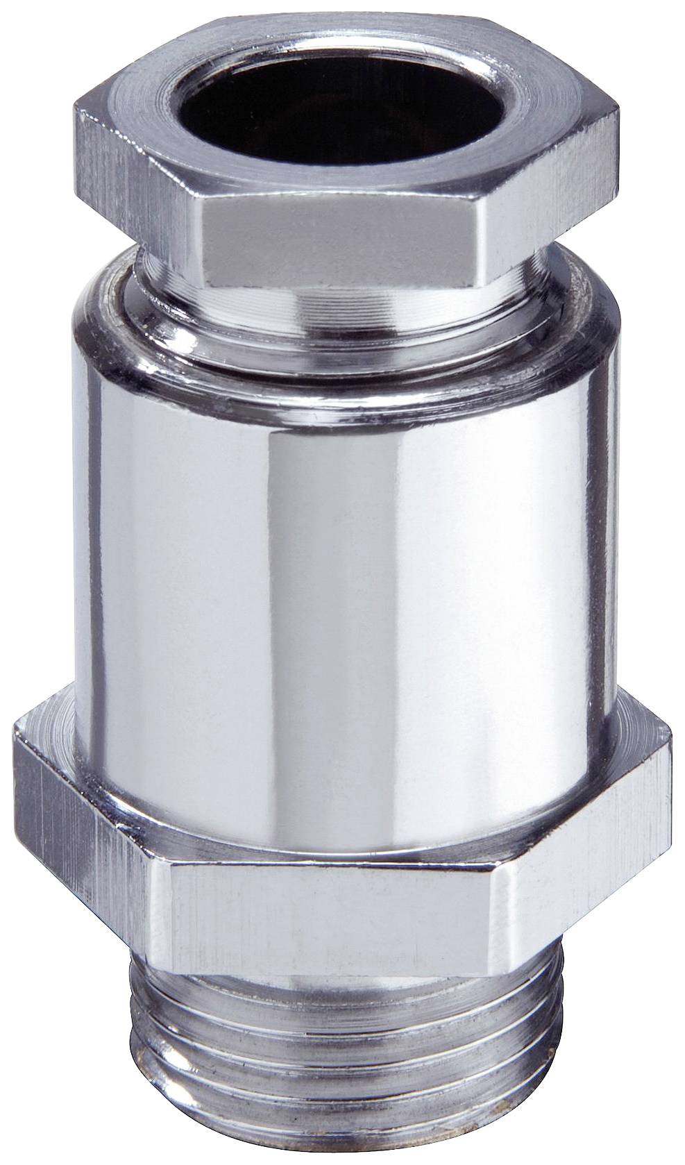 A silver, metallic pipe valve with hexagonal connections at the top and bottom. It is used in industrial applications.