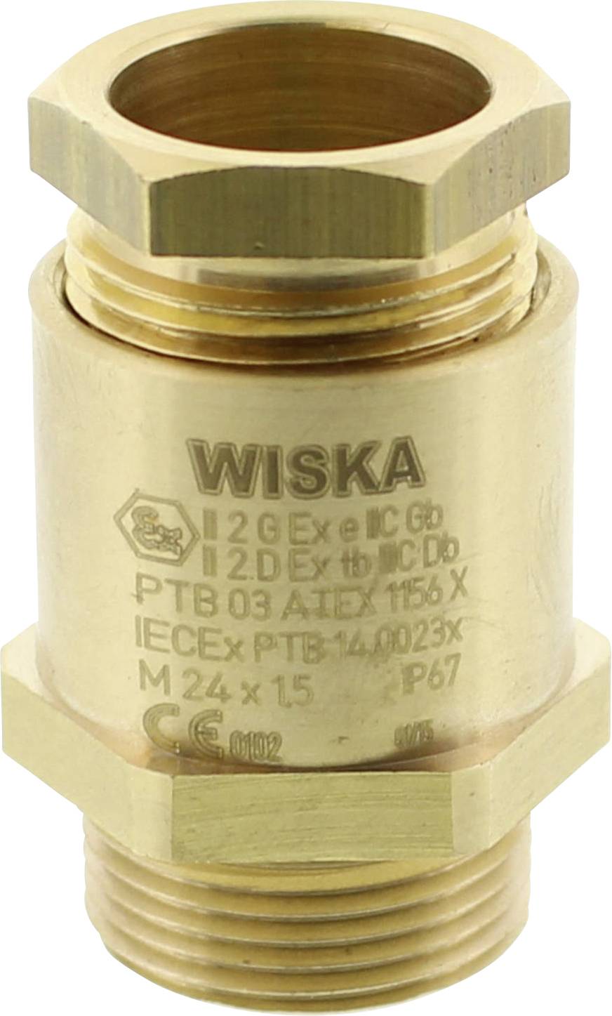 Brass cable gland with 'WISKA' engraving, ATEX approval, IP67 protection rating, suitable for use in potentially explosive environments.