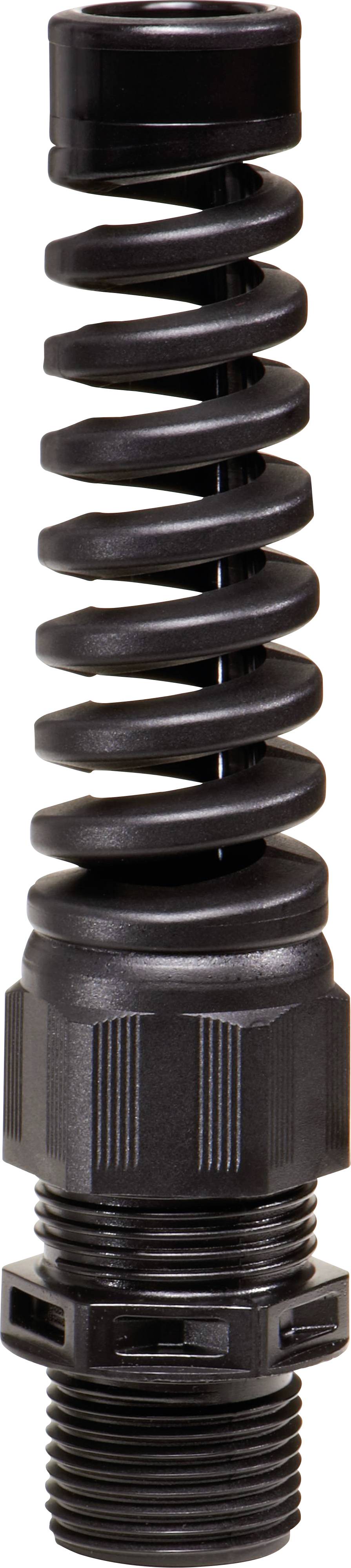 A black air compressor filter with spiral design and two connector ports. Primarily manufactured from plastic.