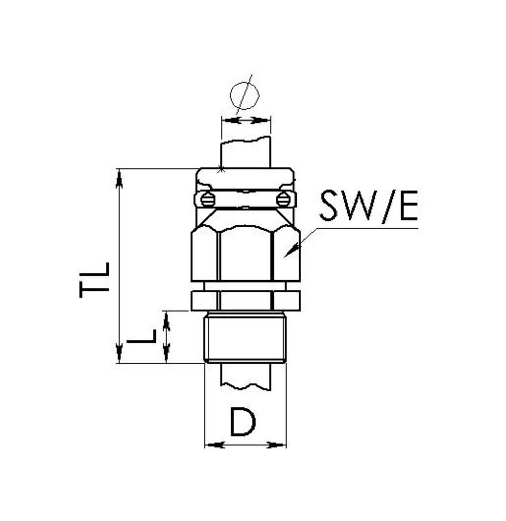 Technical drawing of a connector piece with the labels: 'TL' for total length, 'L' for section length, 'SW/E' for spanner width/size, 'D' for diameter.