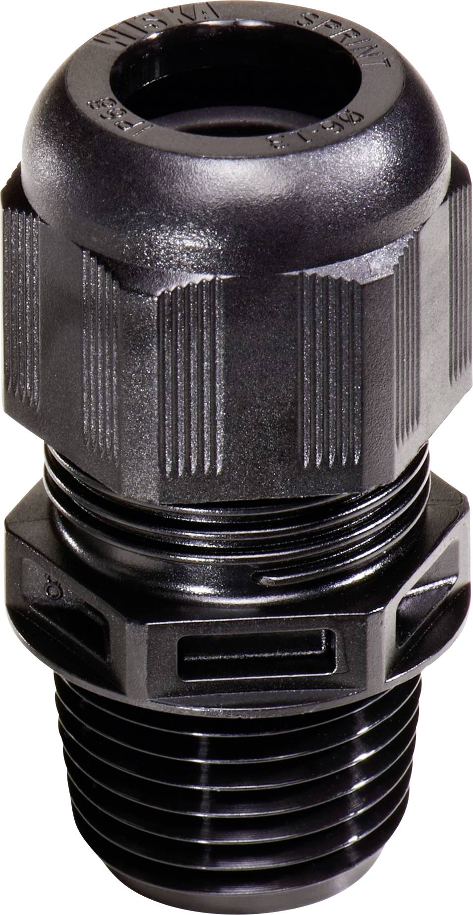 A black plastic cable gland with threading, suitable for protecting and securely fastening cables in electrical devices.