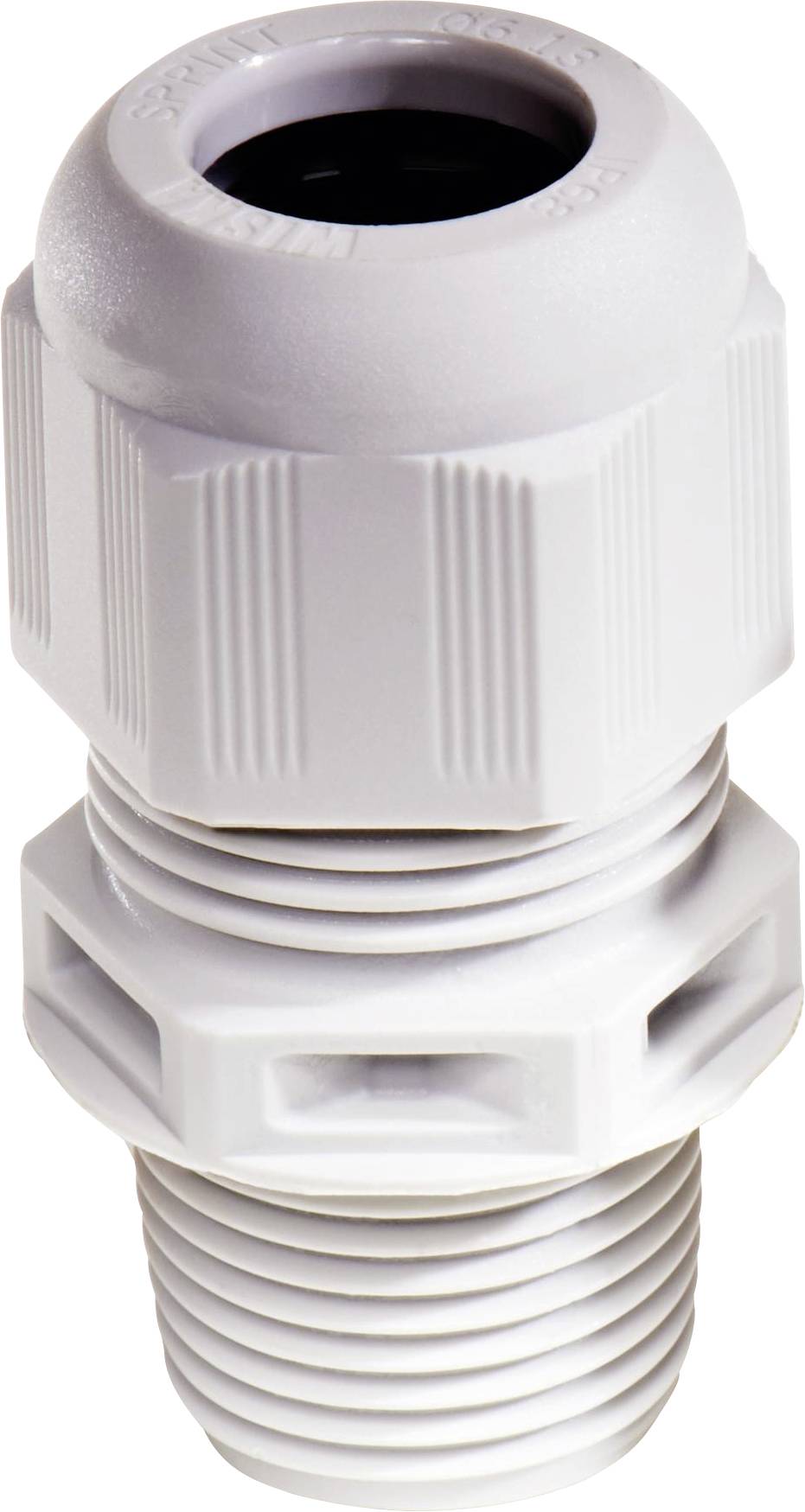 A white cable gland with threading, knurled sides, and a sealing ring, designed for secure routing and sealing of cables.