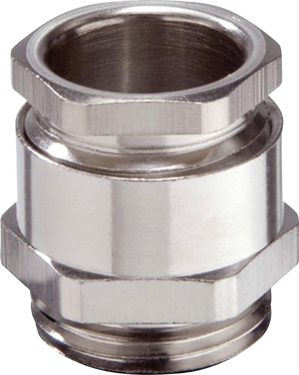 A silver, metallic cable gland with hexagonal ends, used for secure cable fastening in electronic equipment.