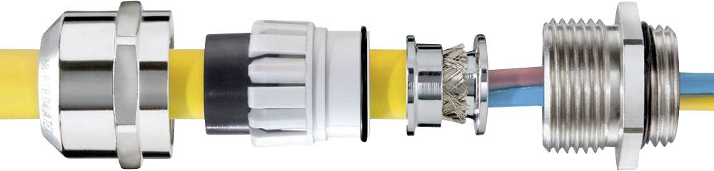 An exploded diagram of a cable connector, comprising multiple metallic and plastic components that enclose a cable.