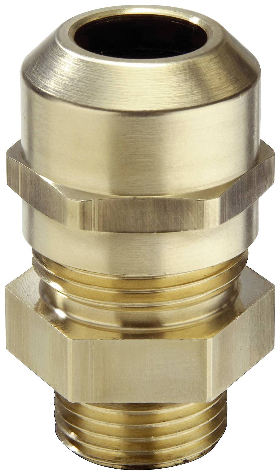 Brass cable gland in close-up. Used for protecting and sealing cables, commonly found in industrial applications.