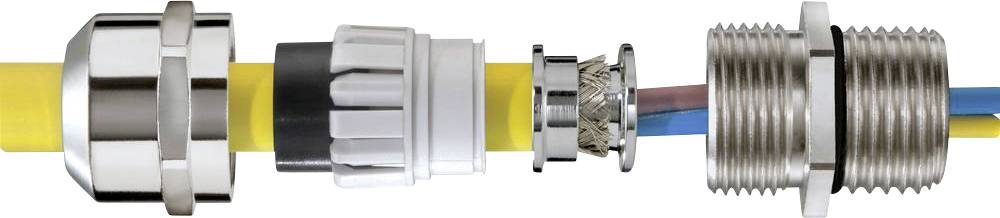A cable gland system demonstrates various seals and metal fittings that securely seal flexible cables.