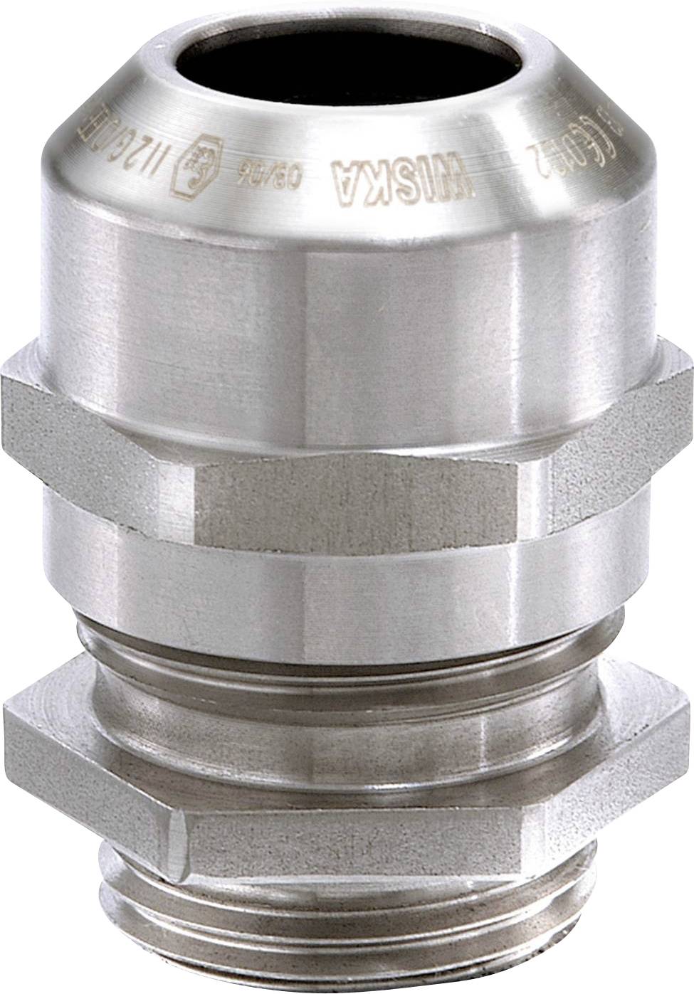 A stainless steel metal cable gland, cylindrically shaped, with thread and grooves for cable securing in industrial applications.